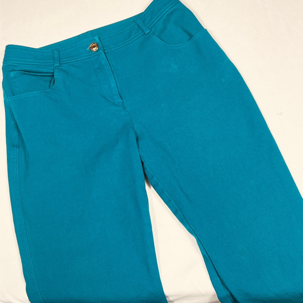 St. John Teal Blue Straight Leg Work Pants Gold Logo Button Women Size 2